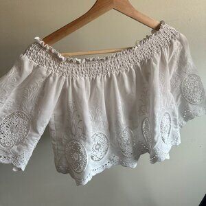 White crochet/eyelet design off the shoulder top